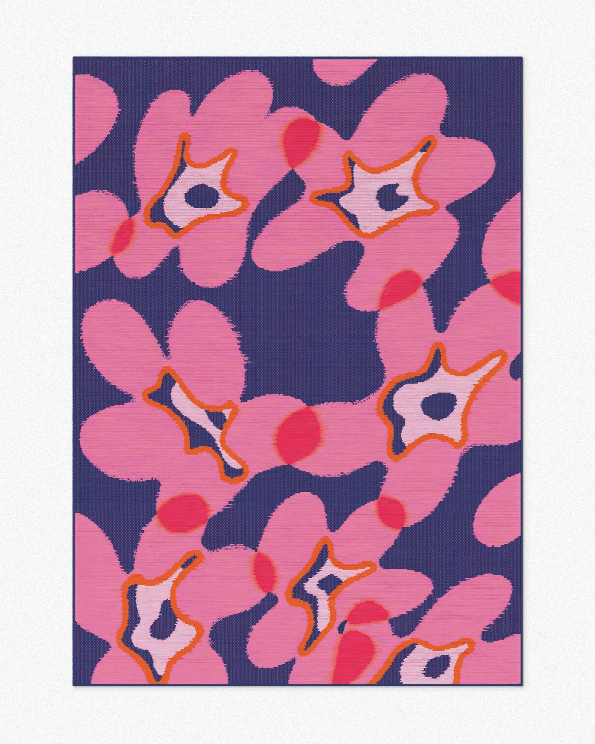 Area rug 5x7 ft, with cute abstract floral patterns in hot pink and dark blue hues set against a neutral beige background, highlighting its eclectic aesthetic.