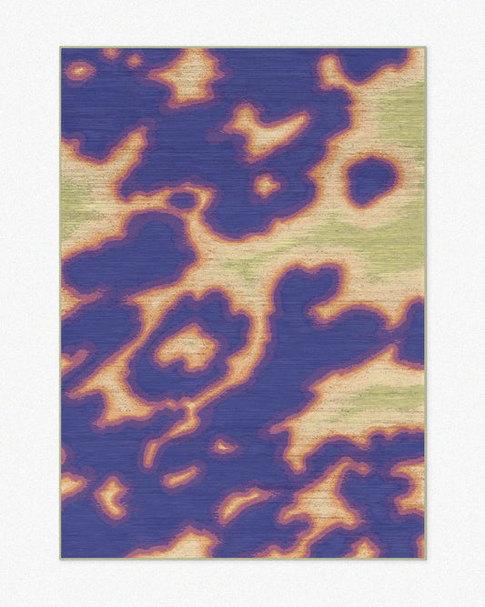 Abstract cowhide area rug, 5x7 ft, with purplish blue and light green hues set against a light beige background, highlighting its bold and vivid aesthetic. Perfect for a playful, dopamine-boosting home decor in a Memphis eclectic living room.