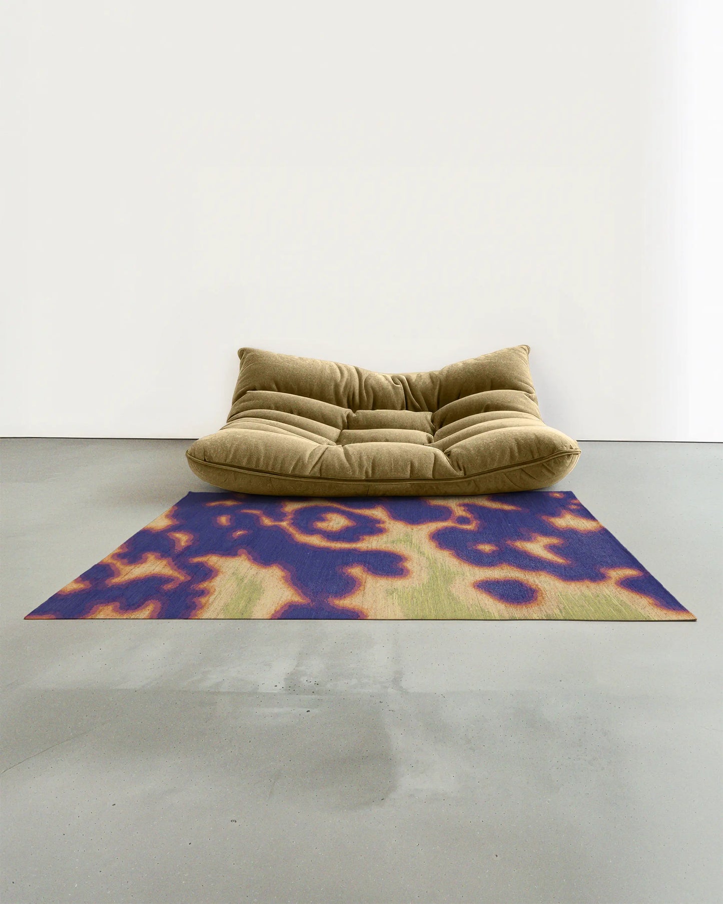 Modern khaki beige togo sofa on Mid century modern style decorative abstract aura and psychedelic area rug, with vivid blueish purple, light yellow and light green hues animal prints, hand painted cowhide pattern in a minimalist, Scandinavian living room.