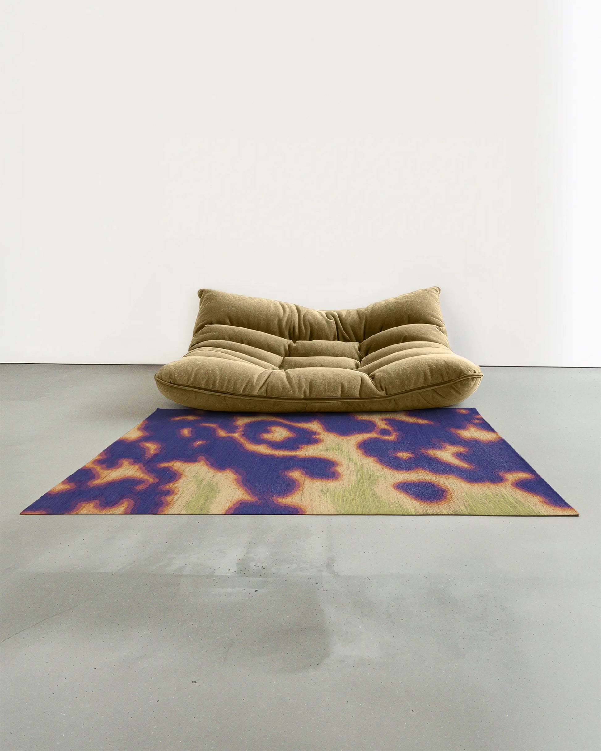 Modern khaki beige togo sofa on Mid century modern style decorative abstract aura and psychedelic area rug, with vivid blueish purple, light yellow and light green hues animal prints, hand painted cowhide pattern in a minimalist, Scandinavian living room.