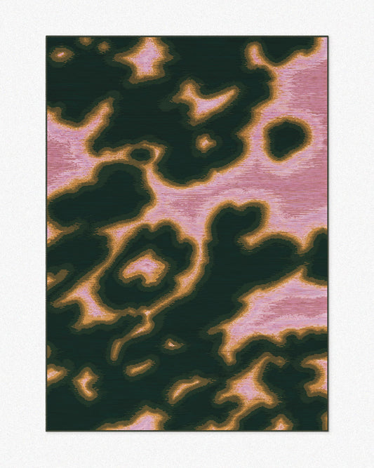 Abstract cowhide area rug, 5x7 ft, with pink and dark forest green hues set against a light beige background, highlighting its bold and vivid aesthetic. Perfect for a playful, dopamine-boosting home decor in a Memphis eclectic living room.