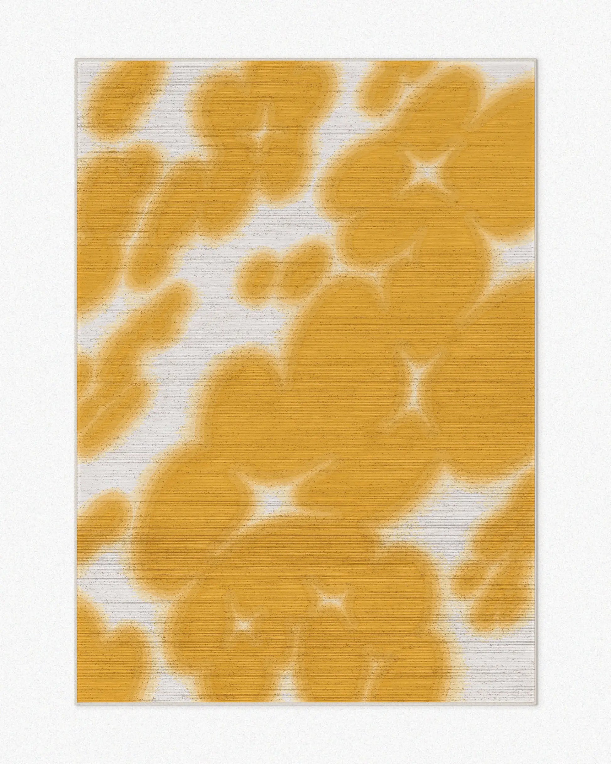 Abstract floral cowhide area rug, 5x7 ft, with yellow and off white hues set against a light beige background. Perfect playful and dopamine home decor, a fun, eclectic aesthetic decor item for a maximalist Memphis living room.