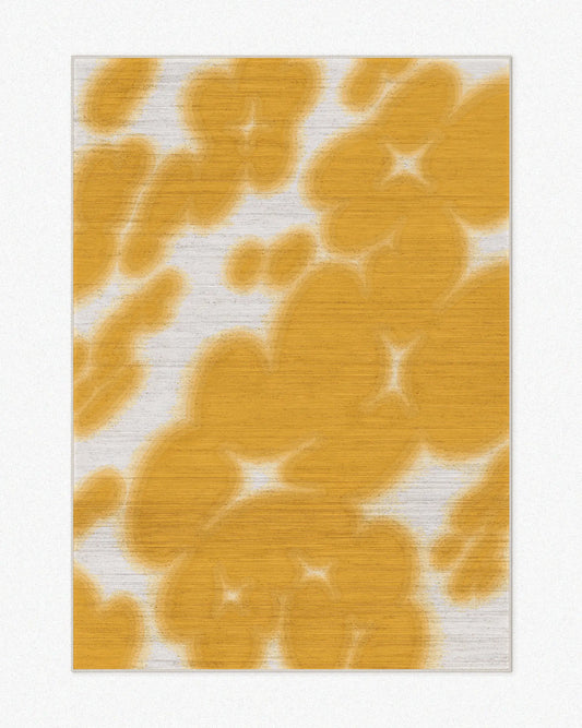 Abstract floral cowhide area rug, 5x7 ft, with yellow and off white hues set against a light beige background. Perfect playful and dopamine home decor, a fun, eclectic aesthetic decor item for a maximalist Memphis living room.