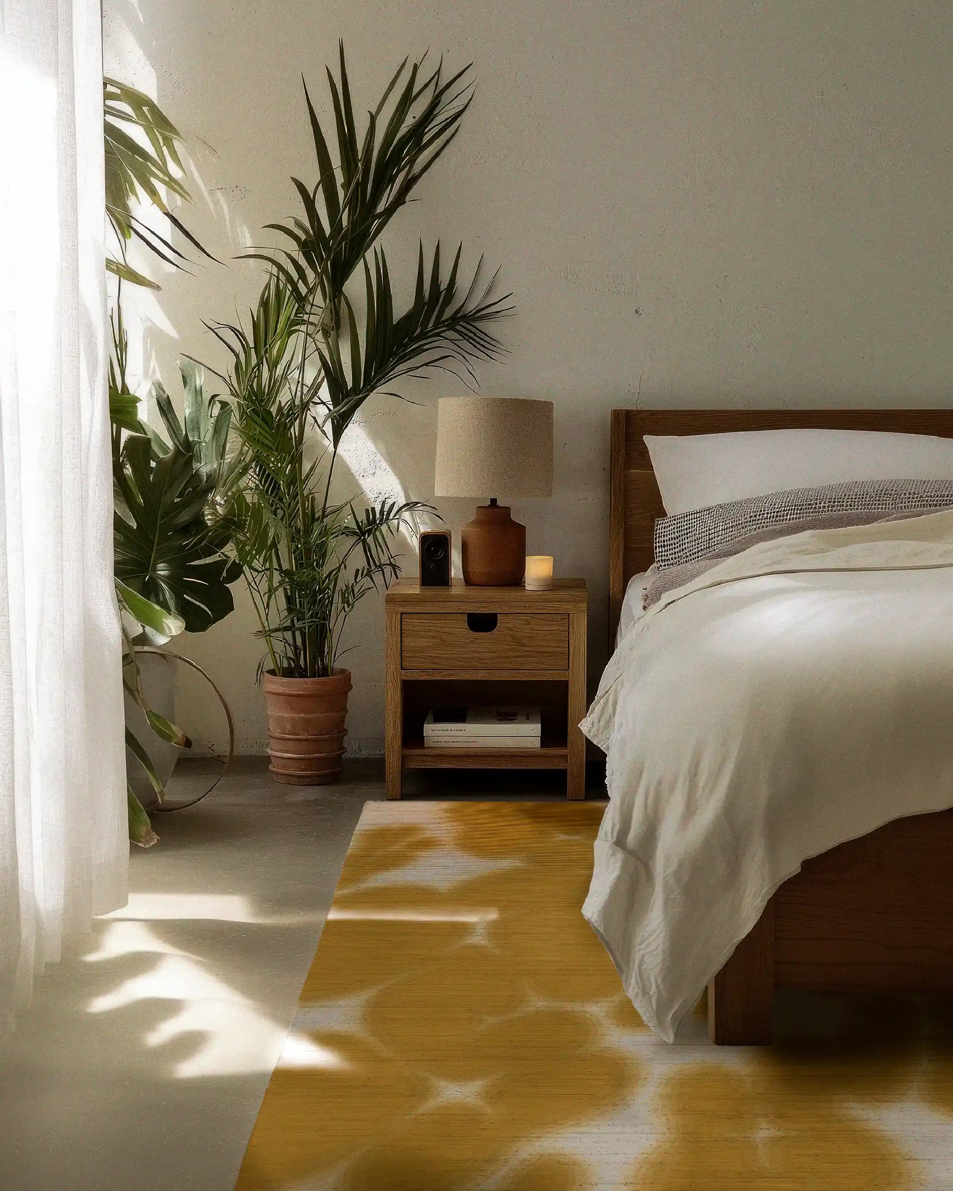 A 5x7 ft floral cowhide area rug in yellow and off white hues is placed underneath a wood-framed bed, with minimalist home decor and large house plants in the bedroom.