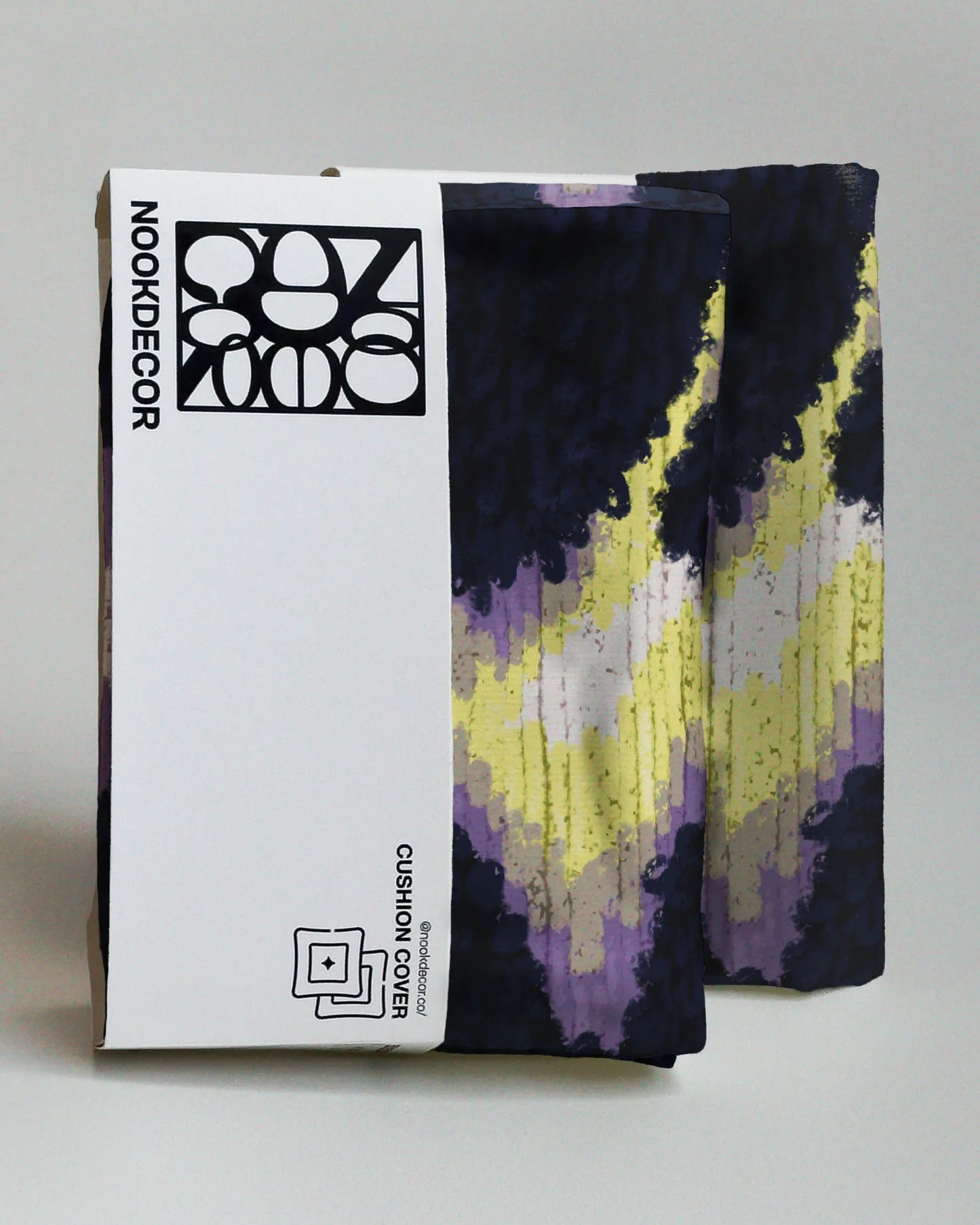 Two navy, purple, light yellow abstract floral cushion cover with NOOKDECOR packaging on a light background. Dopamine throw pillow cover home decor for eclectic apartment.