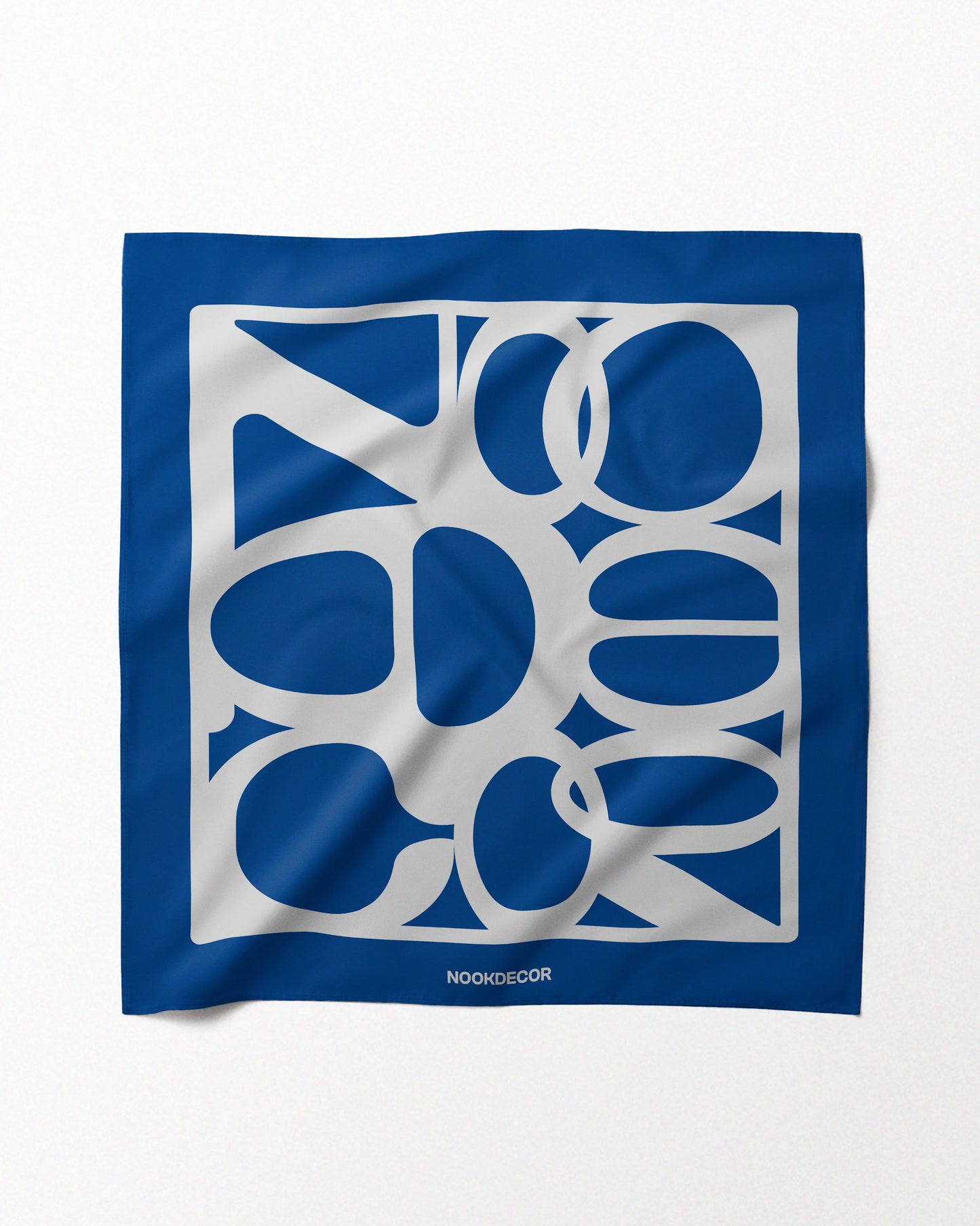 Eclectic handkerchief features Klein blue and white colorful design with NOOKDECOR's logo, with its 4-in-1 features, can also be fashionable twilly, bandana, waist scarf, and table placemat, 100% mulberry silk 