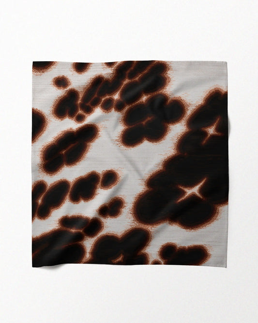 100% mulberry silk handkerchief with brown, beige abstract floral and leopard pattern placed on a beige background, Eclectic bandana, statement accessory for dopamine style dressing.