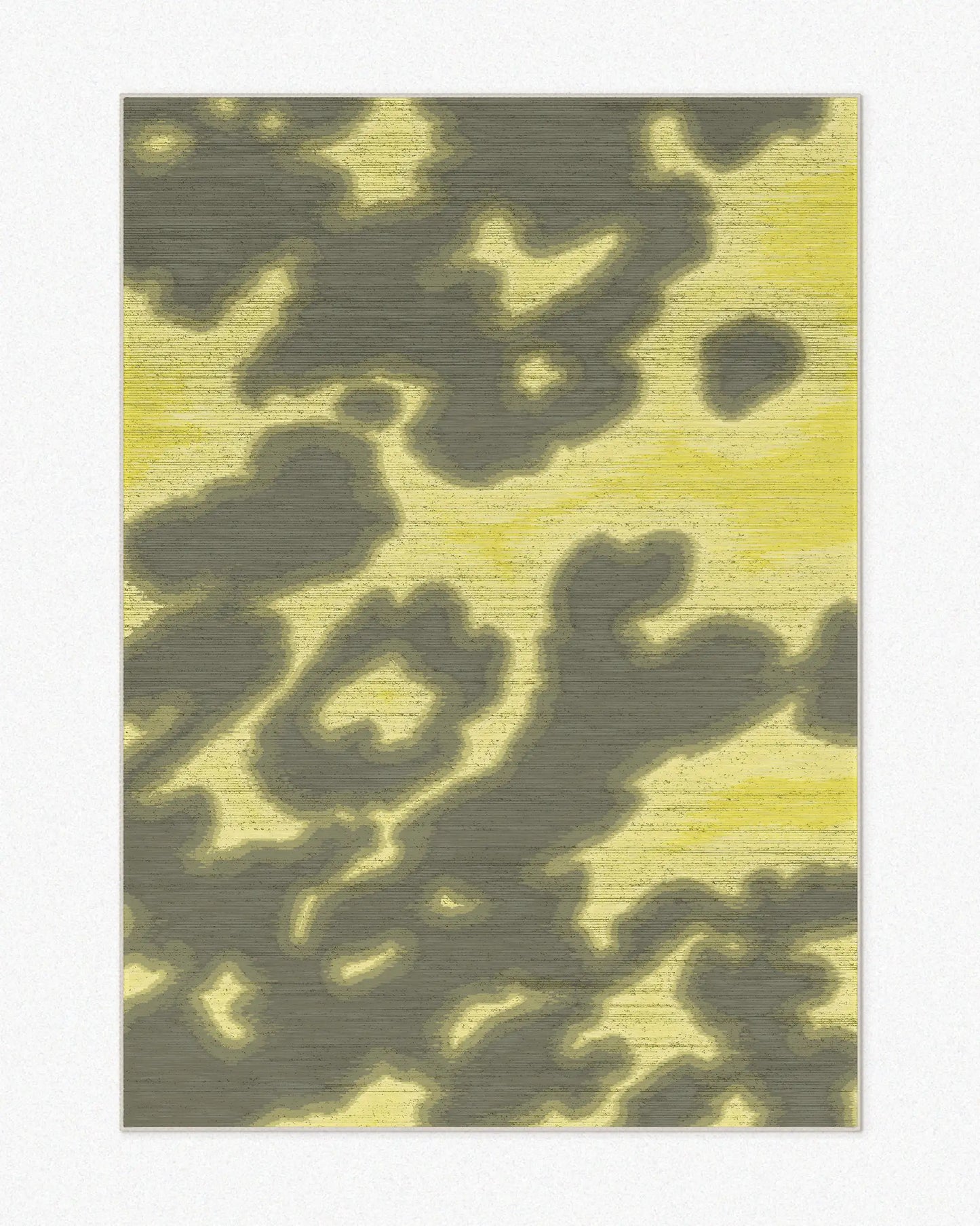 Abstract cowhide area rug, 5x7 ft, with grey khaki and light yellow hues set against a light beige background, highlighting its bold and vivid aesthetic. Perfect for a playful, eclectic home decor in a Memphis dopamine living room.