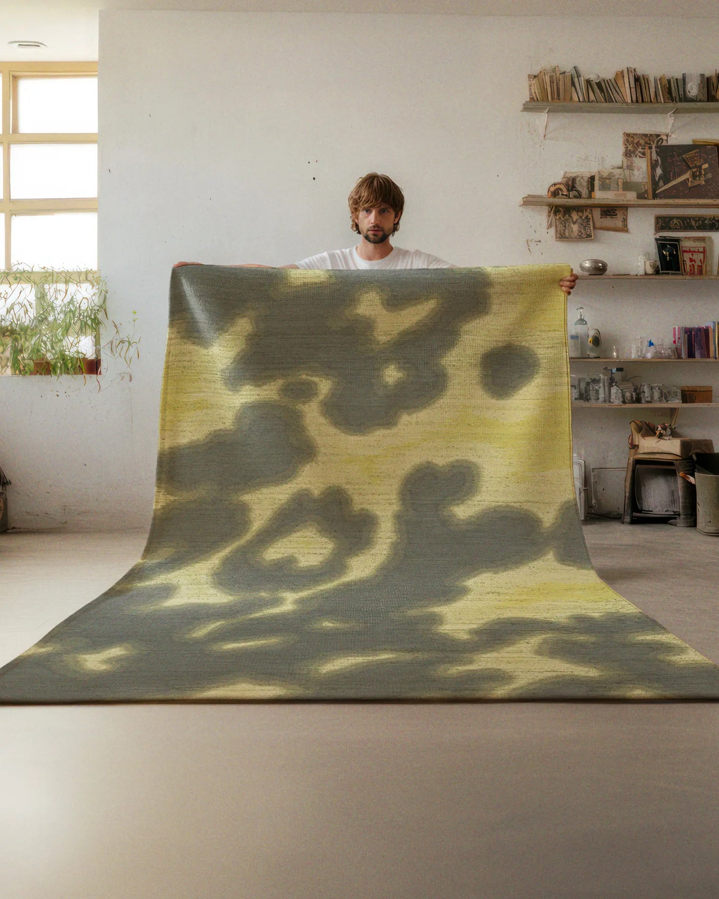 A man holds a 5x7 ft abstract cowhide area rug in grey, khaki, and light yellow hues in a minimalist apartment.