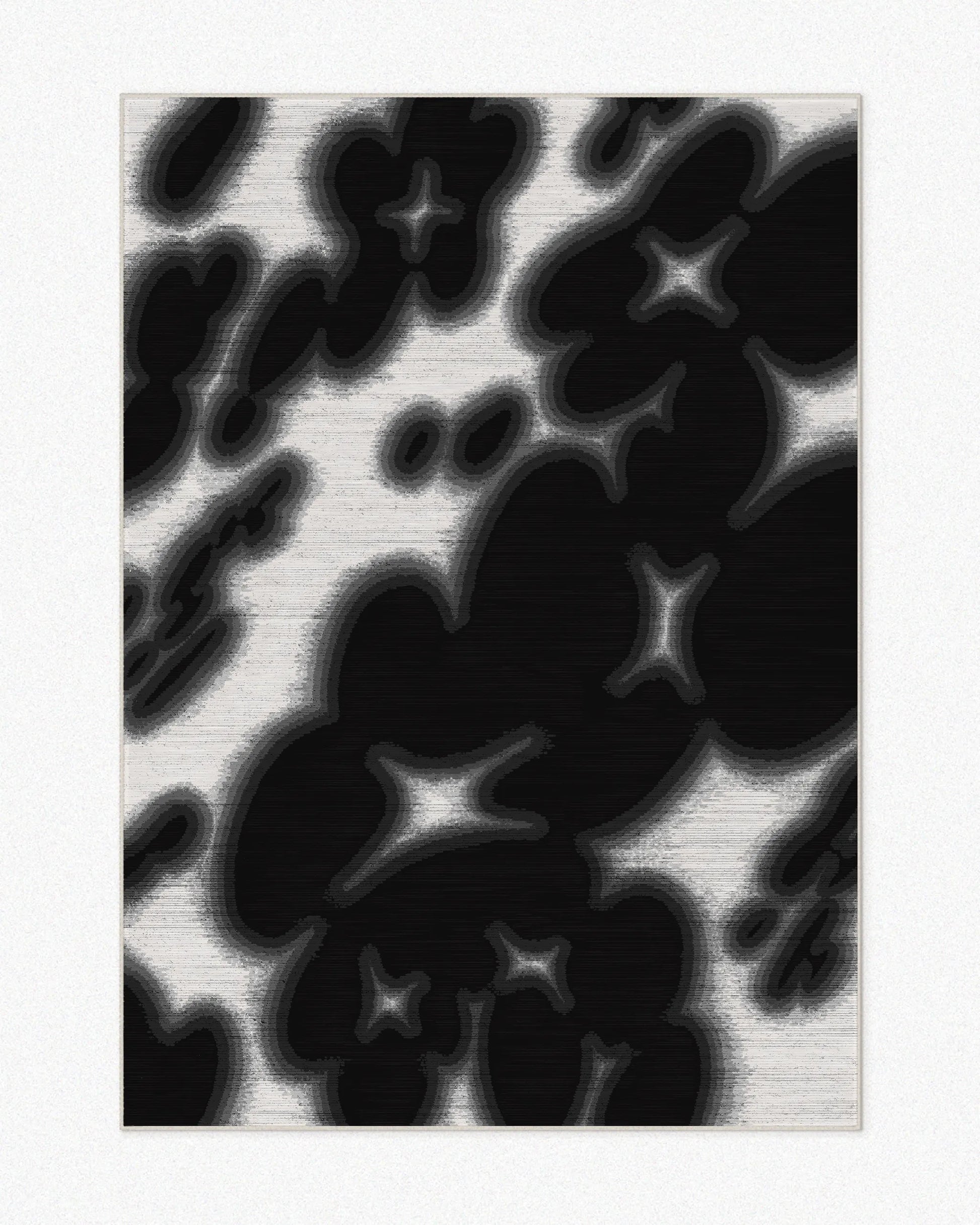 Abstract floral cowhide area rug, 5x7 ft, with bold black and off white hues, set against a light beige background. A playful and dopamine home decor for a fun and eclectic living room aesthetic.