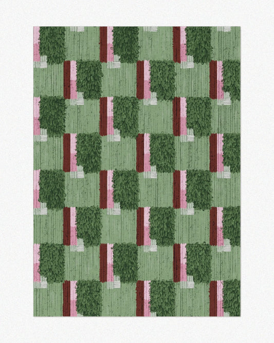 Sage green checkered area rug 5x7 with burgundy and pink hues set against a neutral beige background, highlighting its eclectic aesthetic.