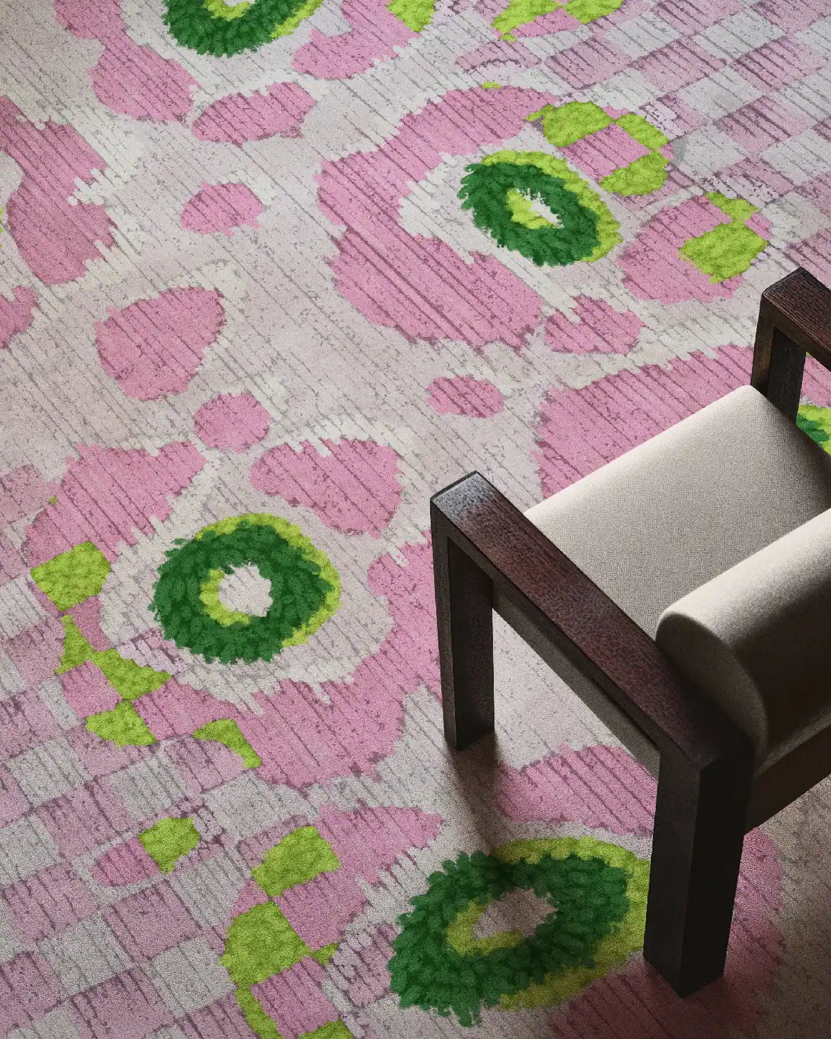 Pink and green checkered rug 8x10 with leopard floral patterns placed in contemporary living with an off white chair.