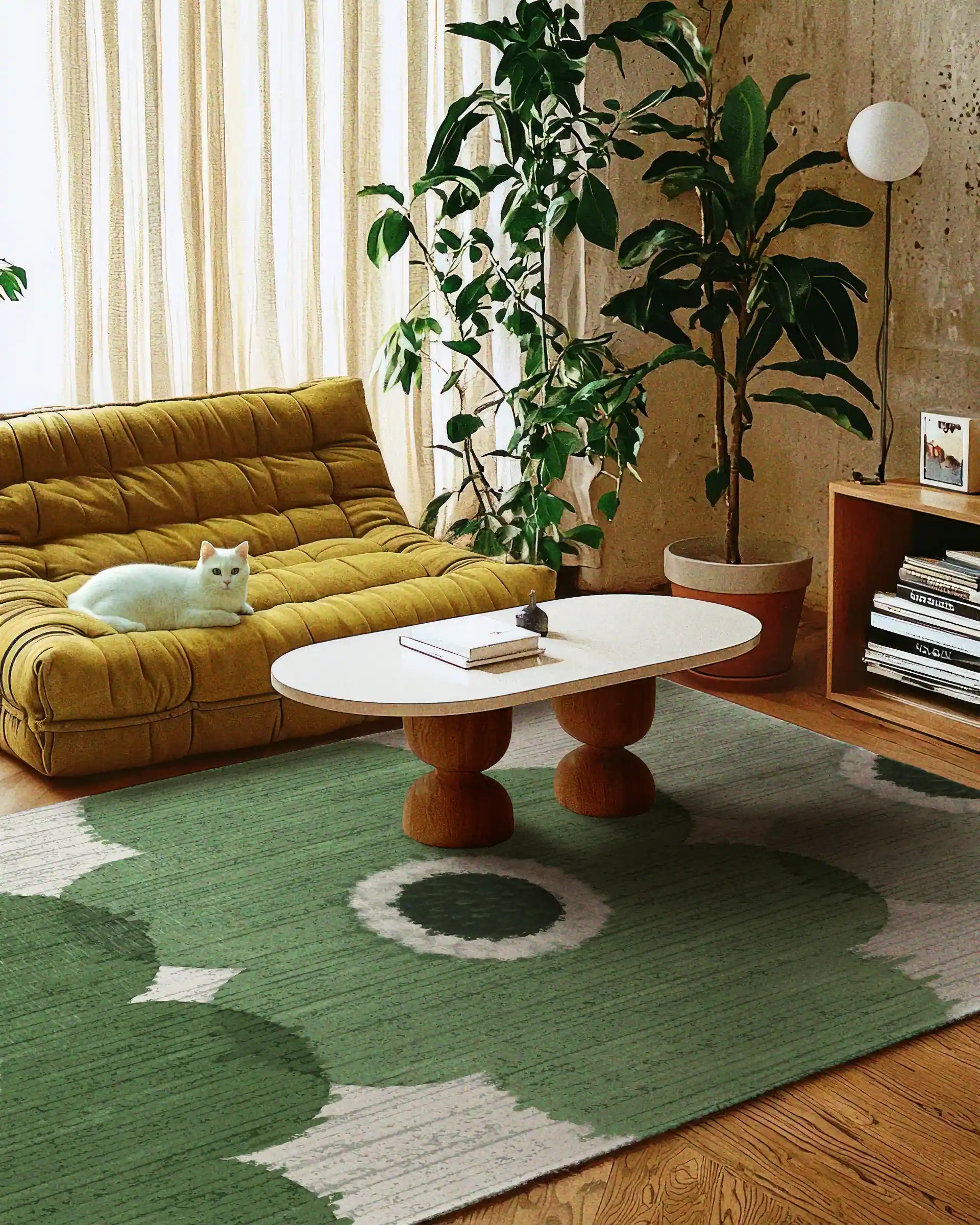A sage green geometric rug is placed in a cozy living room featuring a wooden coffee table, a white cat, a yellow Togo sofa, and a large houseplant in the apartment.