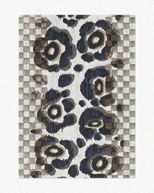Checkered area rug 5x7 with floral patterns in black, off white, and beige hues set against a light beige background, highlighting its mid century modern aesthetic.