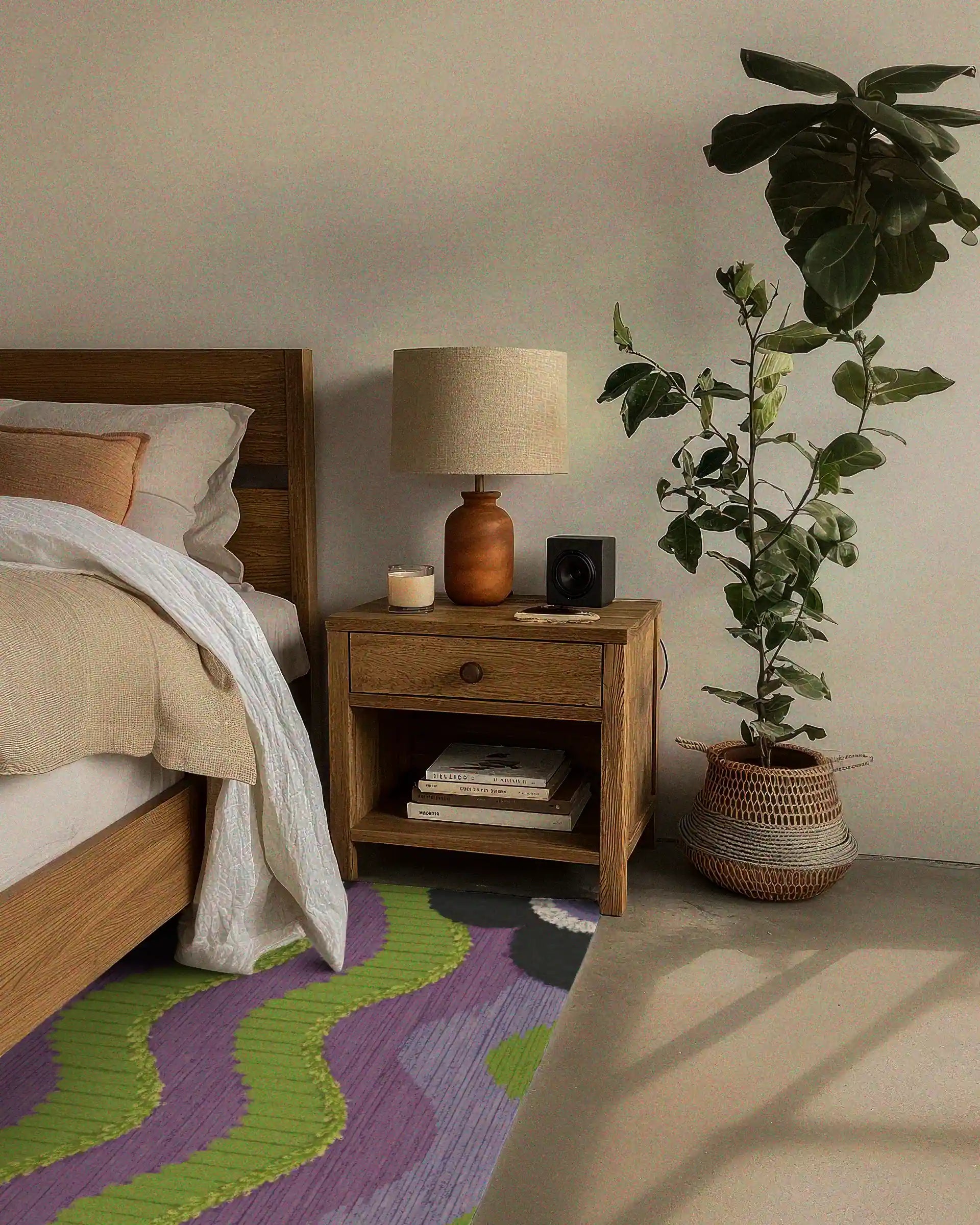 Purple and green geometric rug is placed on the floor in the bedroom, featuring wave patterns and floral designs. with a cozy bed and a big houseplant.