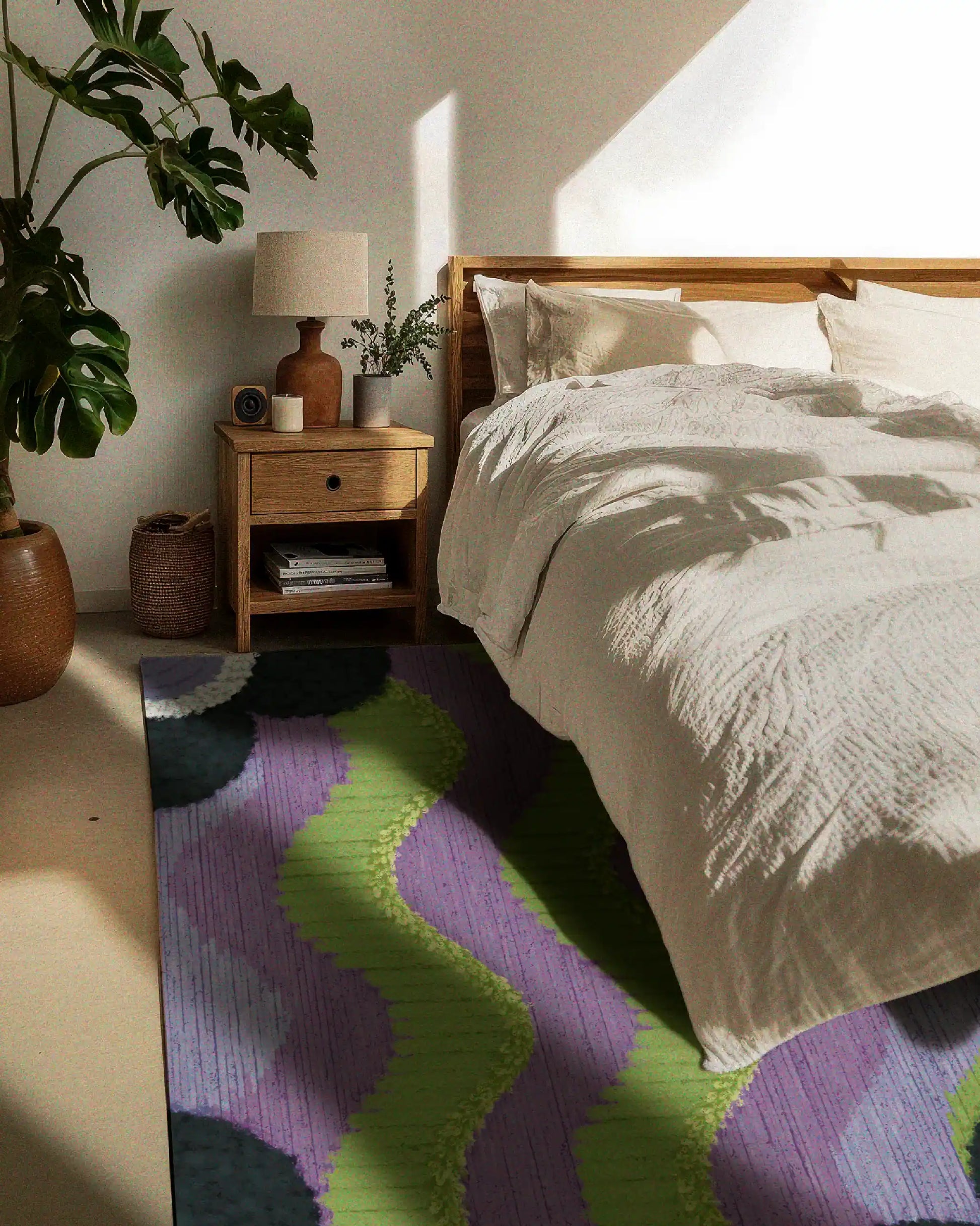 A purple and green geometric rug is placed on the floor underneath the bed in the bedroom, featuring wave patterns and floral designs.
