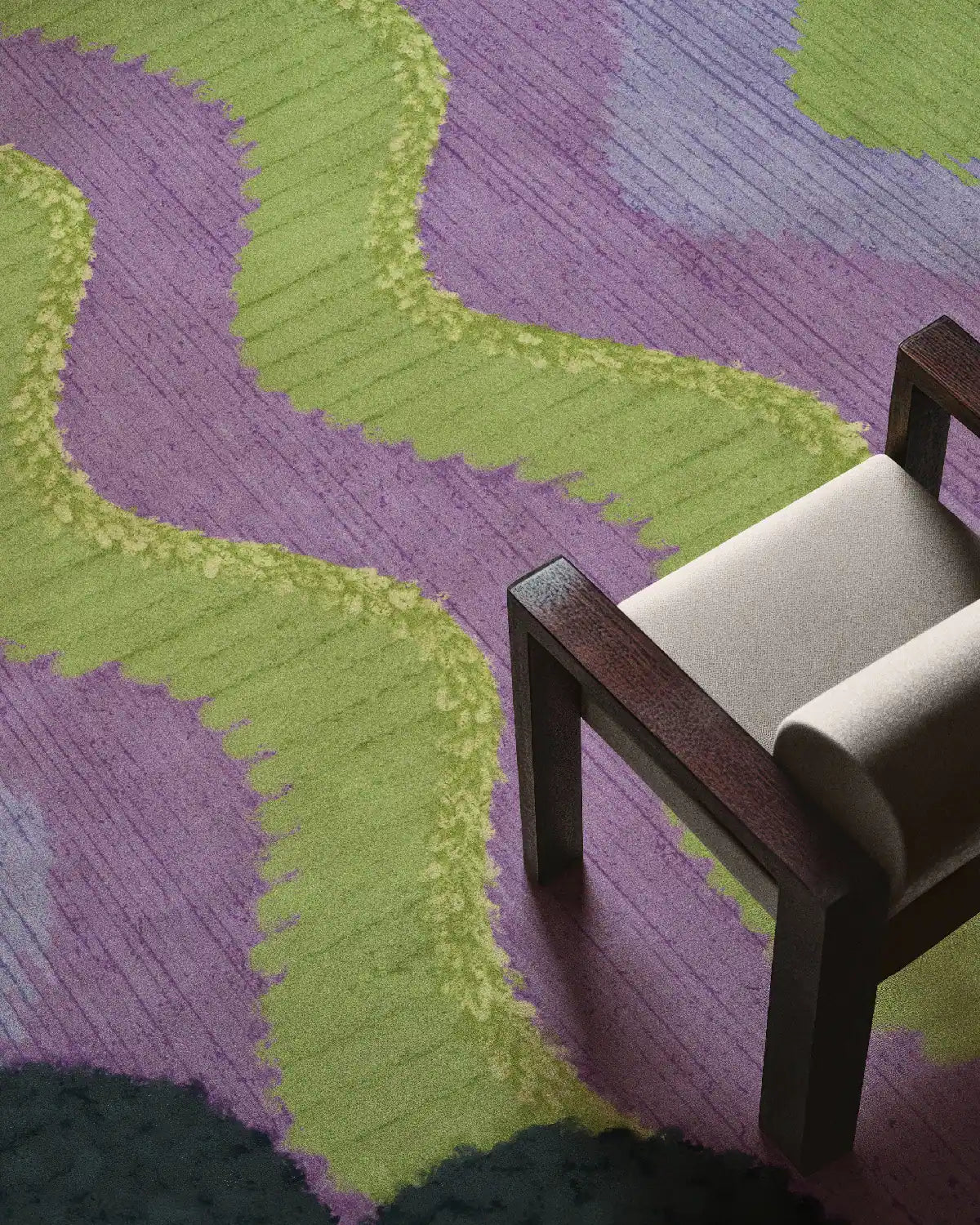 Geometric area rug 8x10 with green and purple hues and wavy design placed underneath a beige chair in a contemporary home.