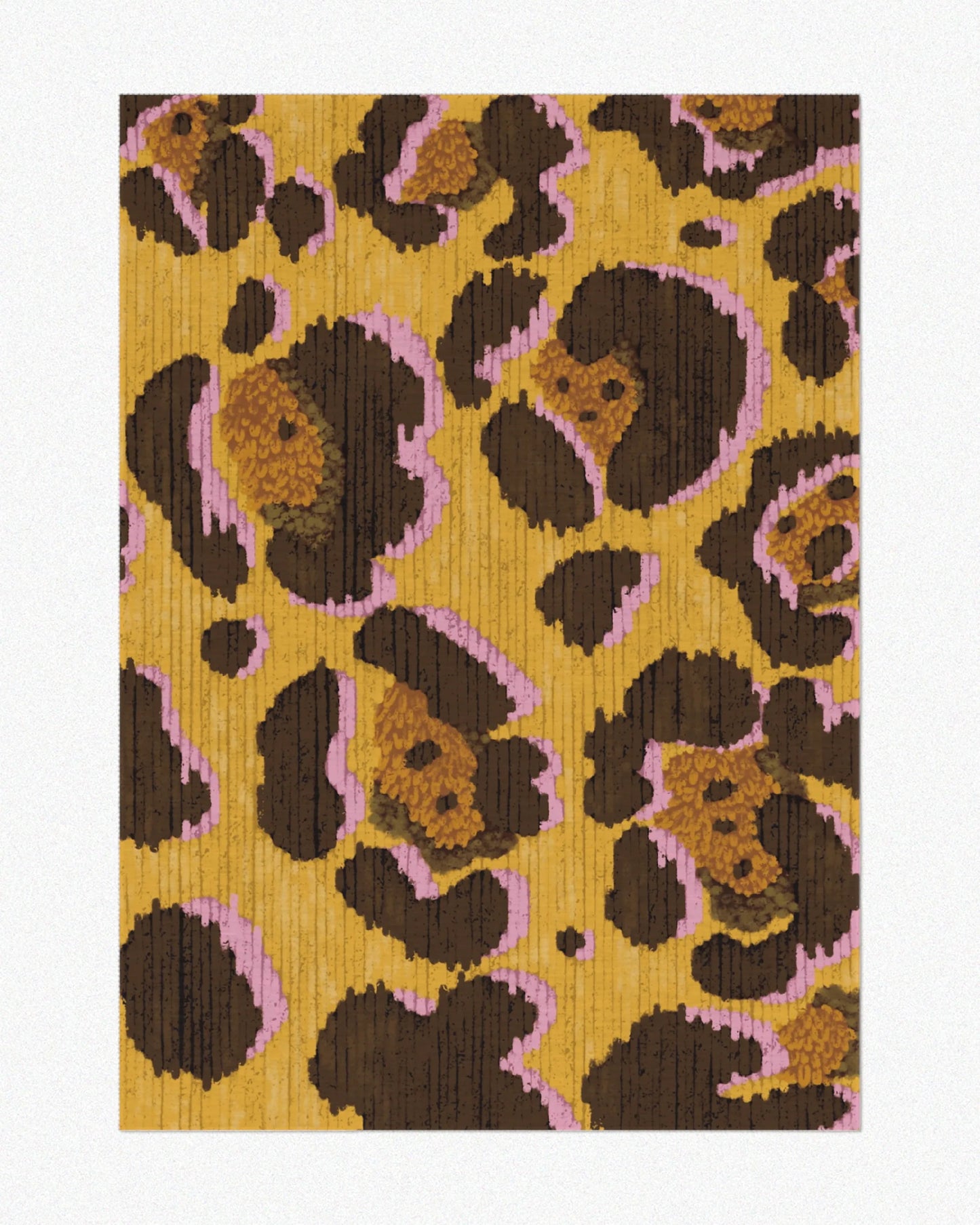 Retro 70s colorful area rug 5x7 features leopard patterns in yellow and brown, set against a neutral background, highlighting its eclectic home decor aesthetic. 
