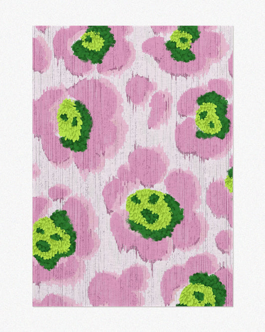 The dopamine decor, floral area rug 5x7 with cute leopard patterns in pink and green hues set against a neutral background, highlighting its eclectic aesthetic.