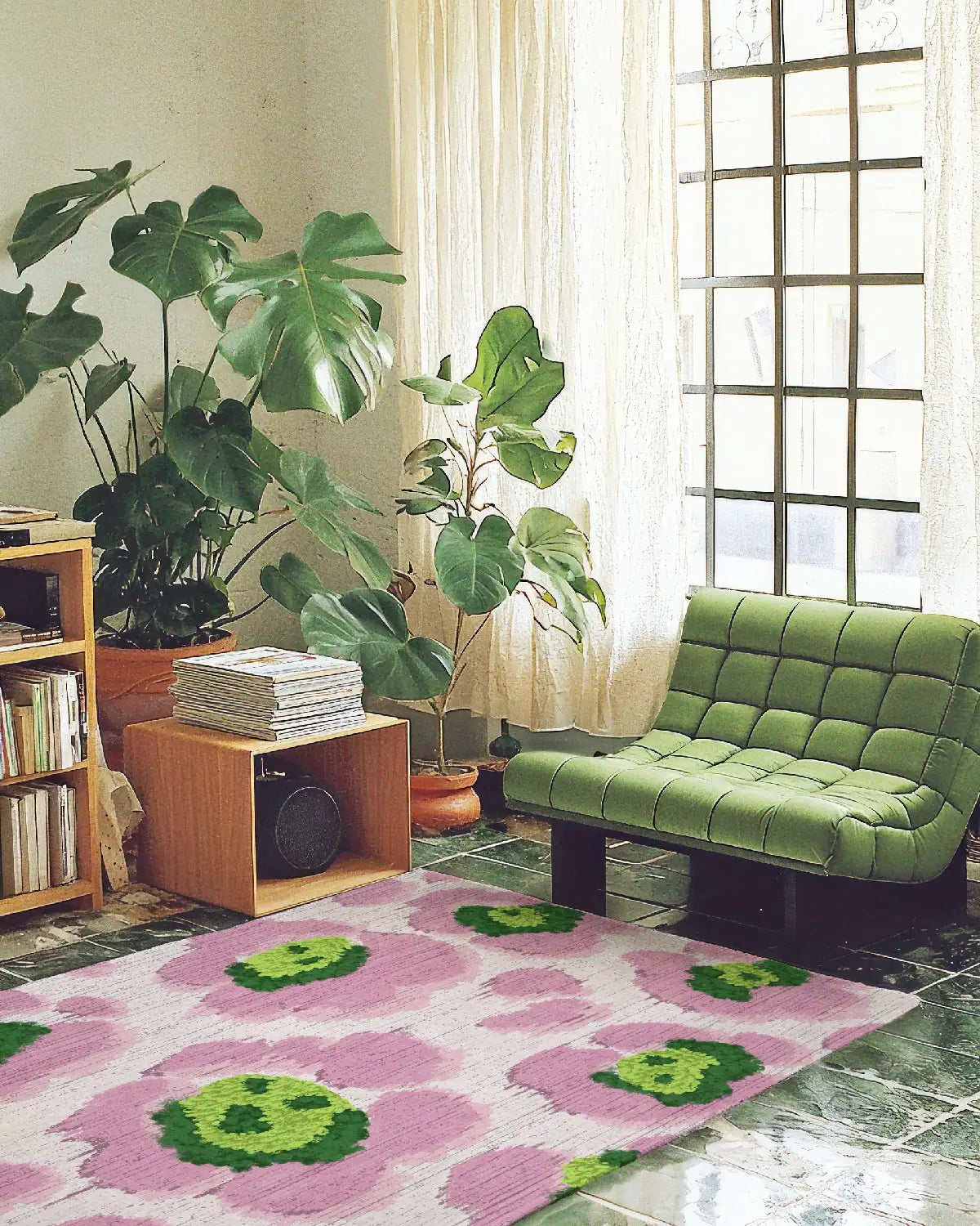 The dopamine decor, floral area rug 5x7 with cute leopard patterns in pink and green hues placed in the foreground next to the green sofa on the floor in an eclectic home.