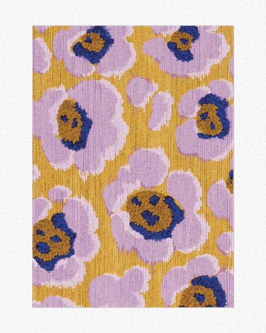 The modern eclectic home decor for maximalist space showcases a floral area rug 5x7 in purple and yellow abstract leopard patterns set against a neutral background.