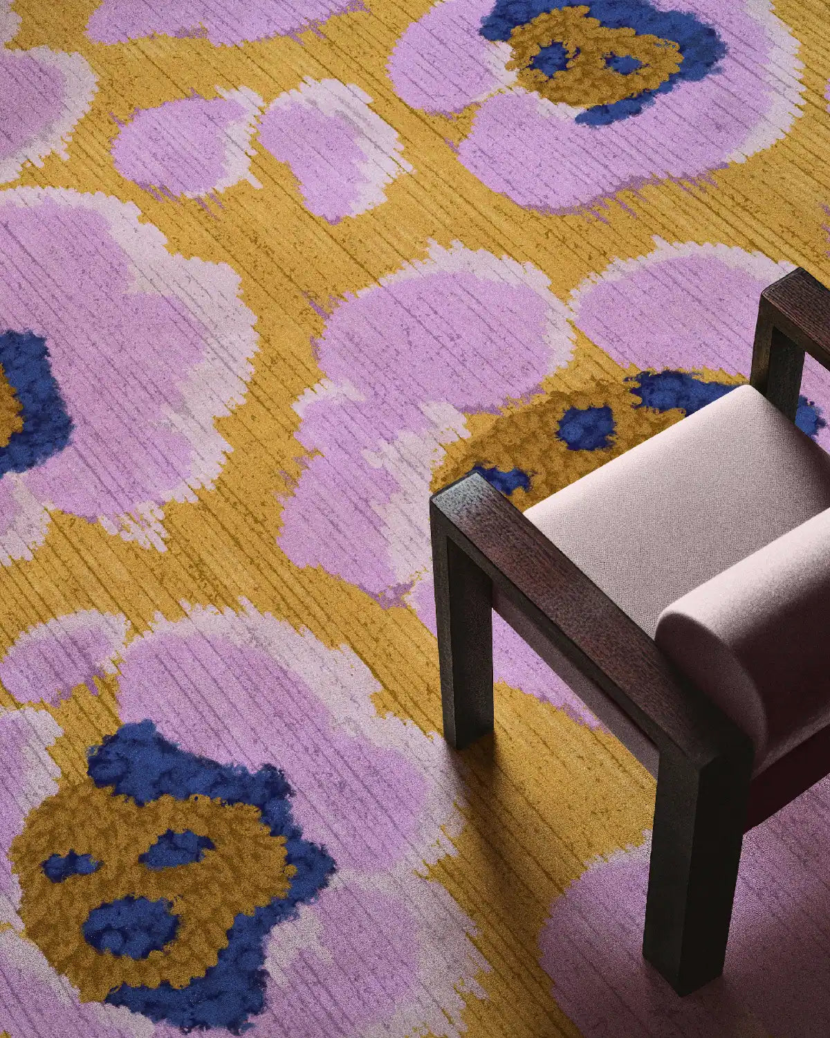 Modern eclectic floral area rug with abstract leopard patterns in purple and yellow, dopamine home decor placed in the living room with a purple chair.