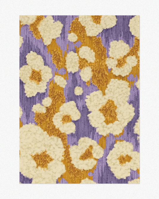 Purple colorful area rug 5x7 with cute, abstract yellow popcorn design set against a light beige background, highlighting its maximalist playful aesthetic.