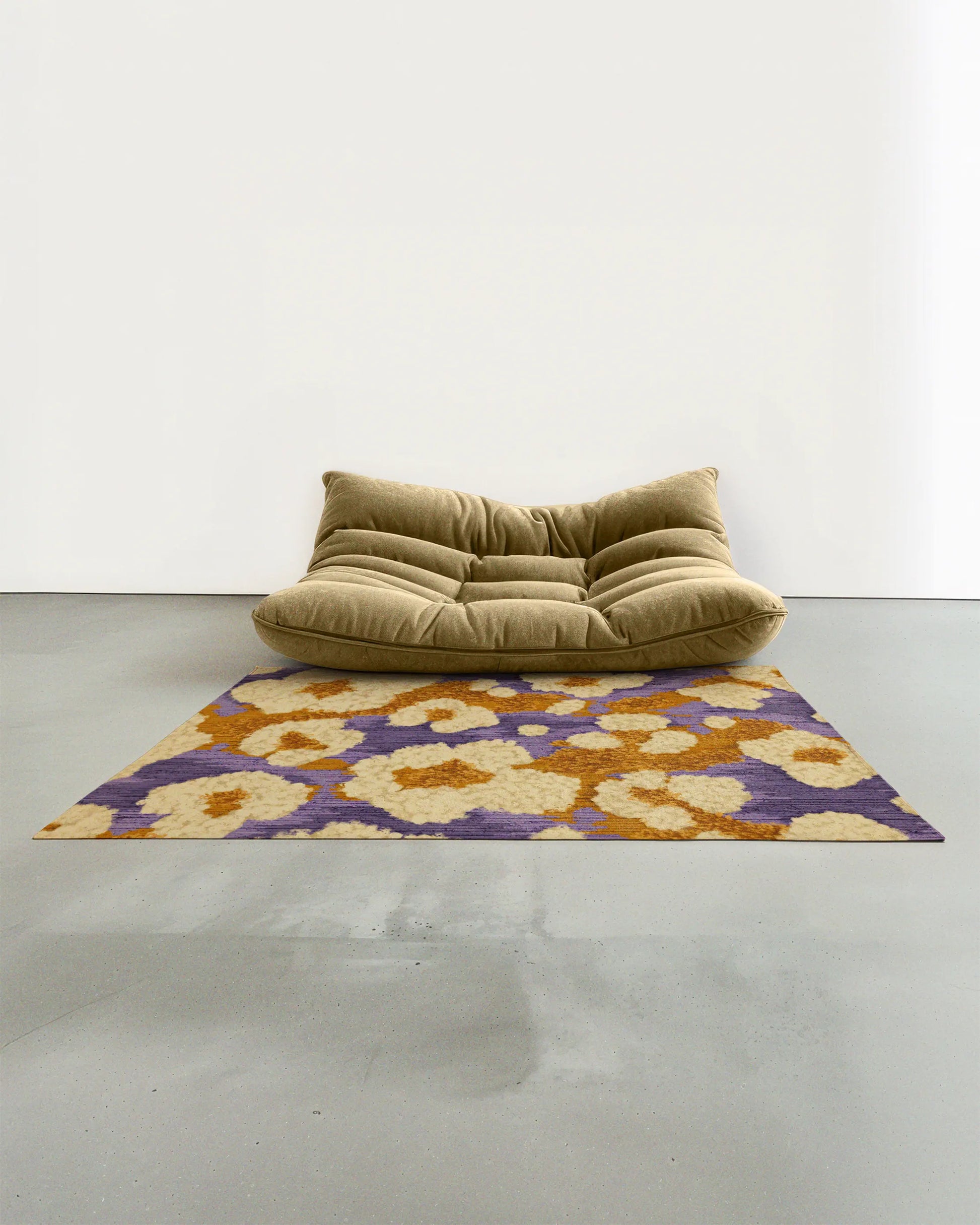 Contemporary living room colorful area rug 5x7, feature purple and yellow abstract popcorn design with a dusty purple Togo sofa