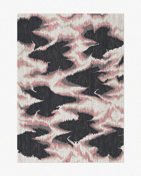 Contemporary area rug 5x7 in pink and grey aura patterns set against a light beige background and highlighted the maximalist home decor for eclectic style interior design.