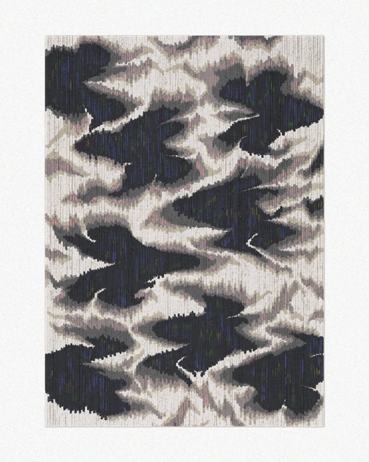 Scandinavian rug 5x7 featuring abstract hand painted aura design in black, grey, and white, set against a light beige background. Highlighted its mid century modern vibe.