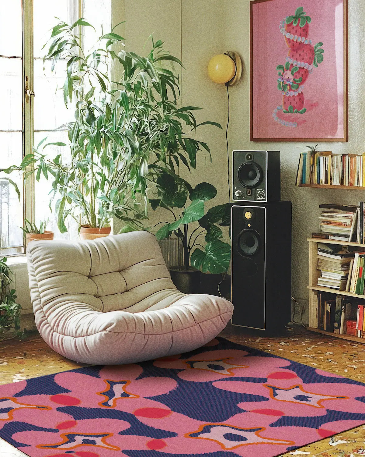 The abstract floral area rug 5x7 in hot pink and blue hues is placed underneath a cute Togo sofa with framed pink art print, mid-century modern furniture and a big house plant in a contemporary living room.