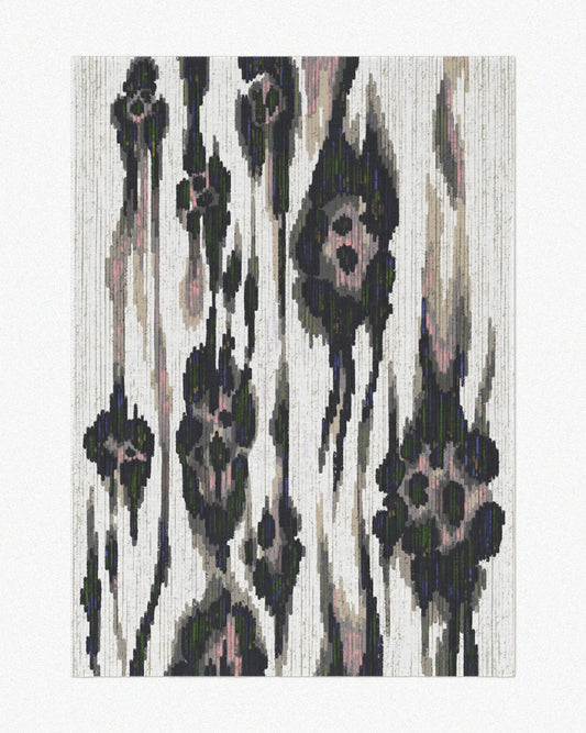 Black and white abstract rug 5x7 featuring leopard patterns, set against a neutral beige background, highlighting its mid century modern and playful aesthetic.