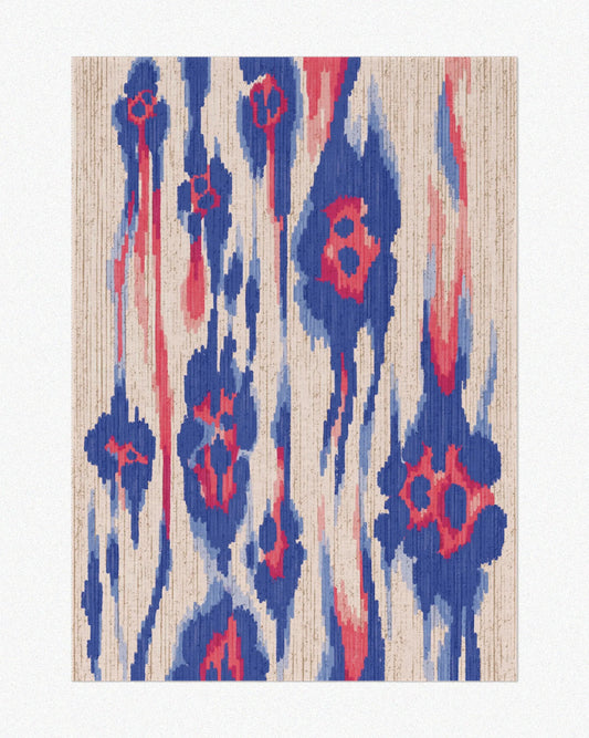Beige colorful abstract rug 5x7 featuring red and blue hues with leopard patterns, set against a neutral beige background, highlighting its eclectic and playful aesthetic.