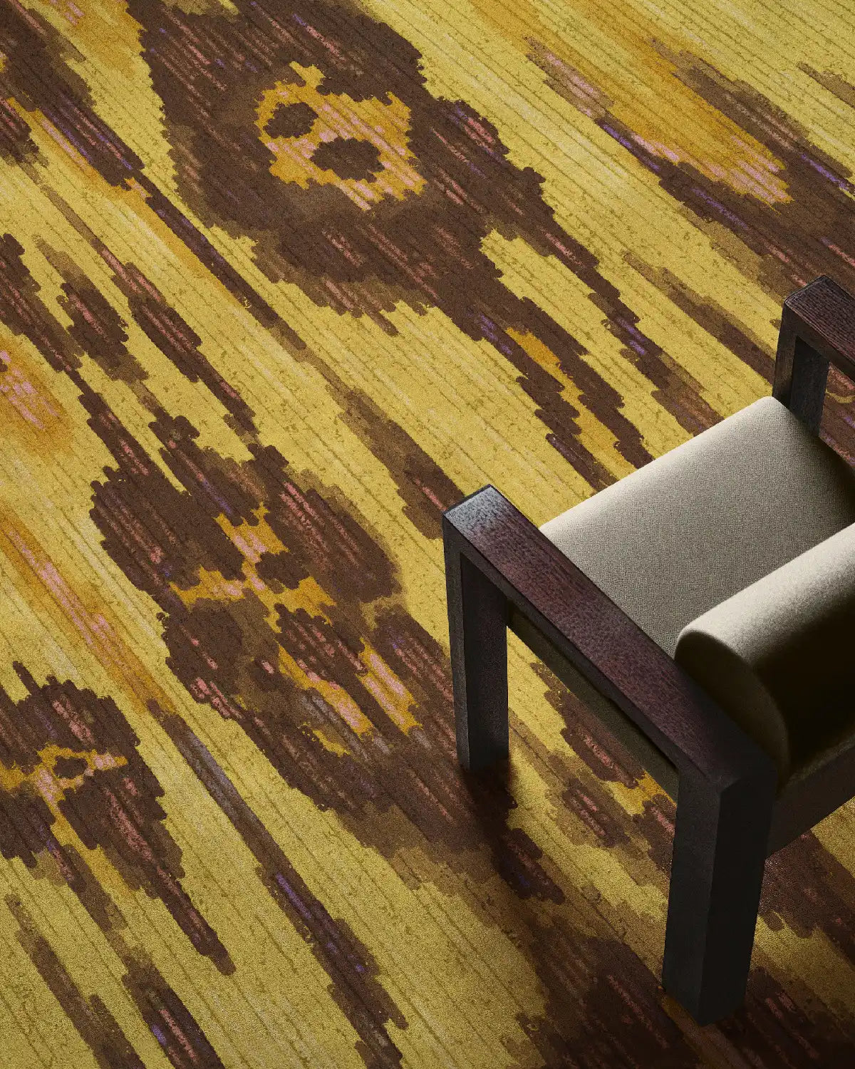 An eclectic floral area rug featuring an abstract leopard pattern was placed underneath a beige chair with a wooden arm in a modern living room.