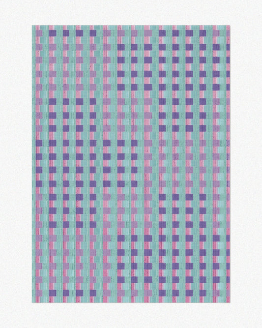 Checkered area rug 5x7 in purple, blue, and green hues set against a neutral beige background, highlighting its modern eclectic aesthetic.