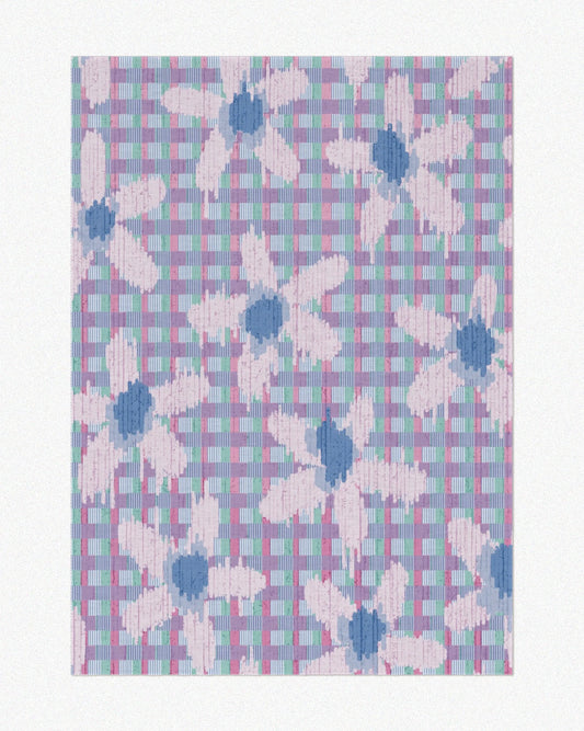 The pastel purple floral checkered rug 5x7, set against a neutral background, highlights its girly dopamine decor aesthetic.