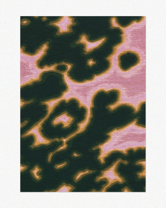 Pink aura area rug 5x7 with abstract cowhide patterns, a hot pink and forest green set against a neutral beige background, highlighting its eclectic aesthetic.